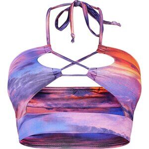 Purple Print Slinky Cut Out Halter Crop Top